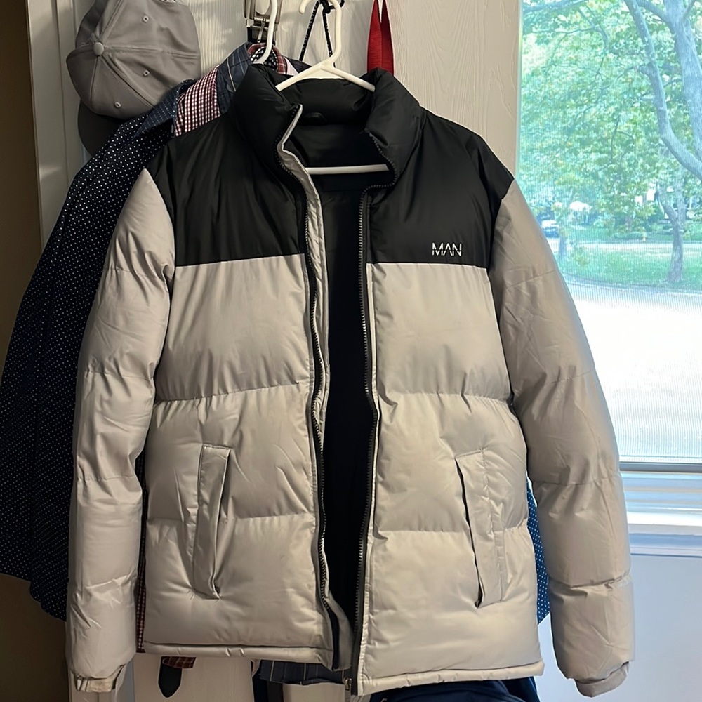 BoohooMan puffer jacket, sliver/gray and black, medium
